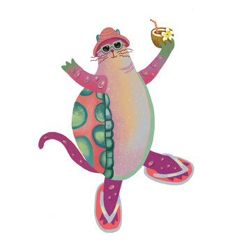 Funny Summer Cat Character with Coconut Drink &ndash; Tropical Vacation Vibes Illustration