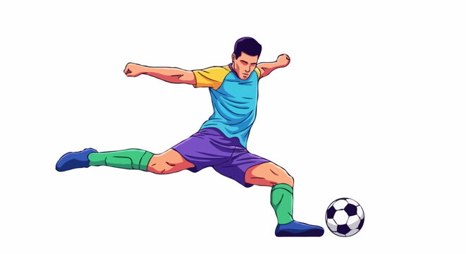 A soccer player in mid-action, kicking a soccer ball with power and precision. The player wears a vibrant blue and yellow jersey, purple shorts, and green socks. The motion is dynamic.