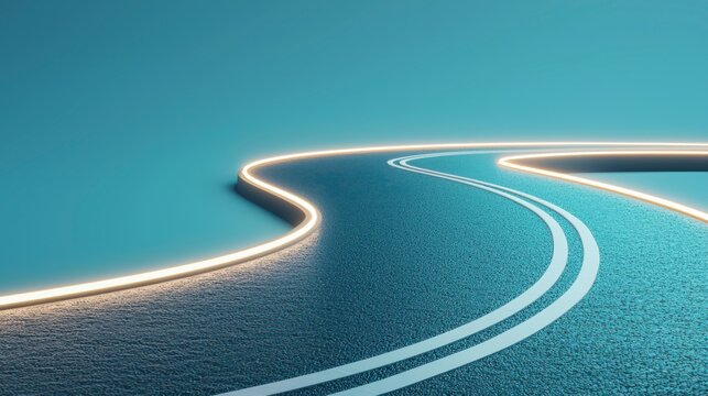A stylized winding road illuminated with glowing edges on a smooth blue surface, creating a futuristic and abstract visual effect.
