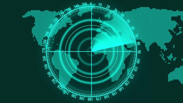 Digital radar screen with scanning beam and world map background
