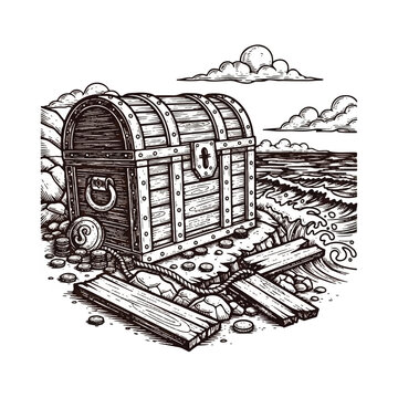 Old wooden treasure chest on beach.