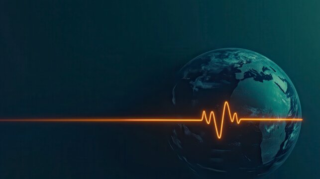 A glowing heartbeat line crosses a dark Earth, symbolizing the planet's vitality and the urgency of global health or environmental monitoring.