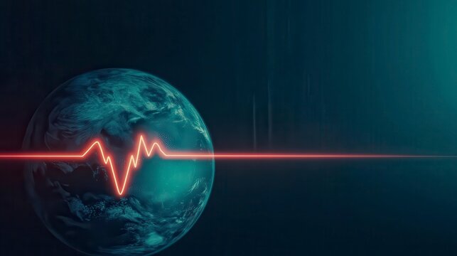 A digital Earth with a red heartbeat line crossing its surface, symbolizing global health or environmental monitoring.