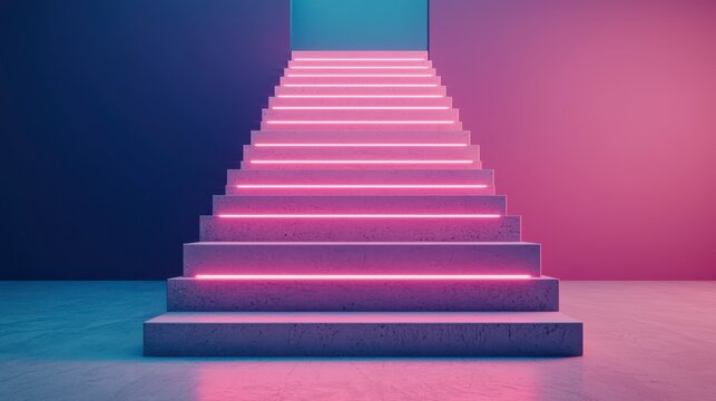 A glowing pink staircase ascends into a bright doorway, set against a gradient background of blue and pink hues, evoking a futuristic or surreal atmosphere.