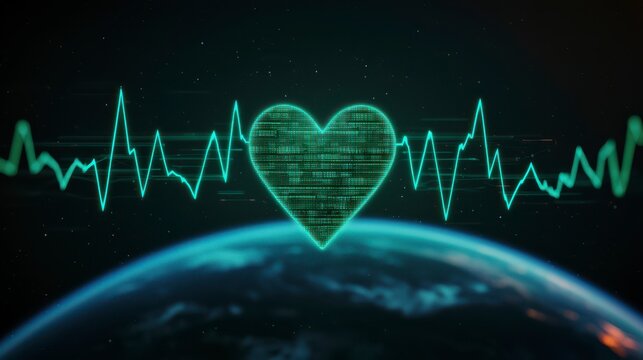 A digital heart symbol with binary code is surrounded by an electrocardiogram waveform, floating above Earth in a futuristic, high-tech style.