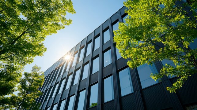 Modern office building with large windows, surrounded by green trees under a clear blue sky with sun flare.