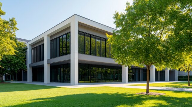 Modern two-story office building with large glass windows surrounded by lush green grass and trees under a clear blue sky.