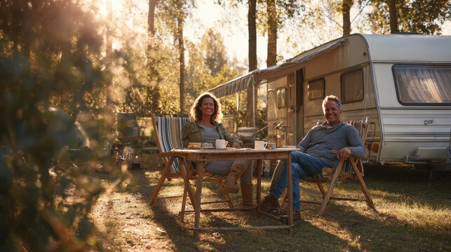 Happy middle-aged couple enjoying breakfast outside their vintage caravan at a sun-drenched forest campsite, relaxing in folding chairs during a peaceful summer morning road trip in the wild nature.