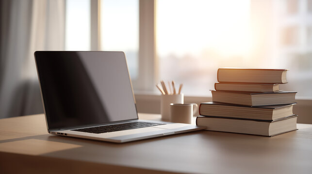 Laptop and Books on Desk in Warm Light Modern Study Workspace
