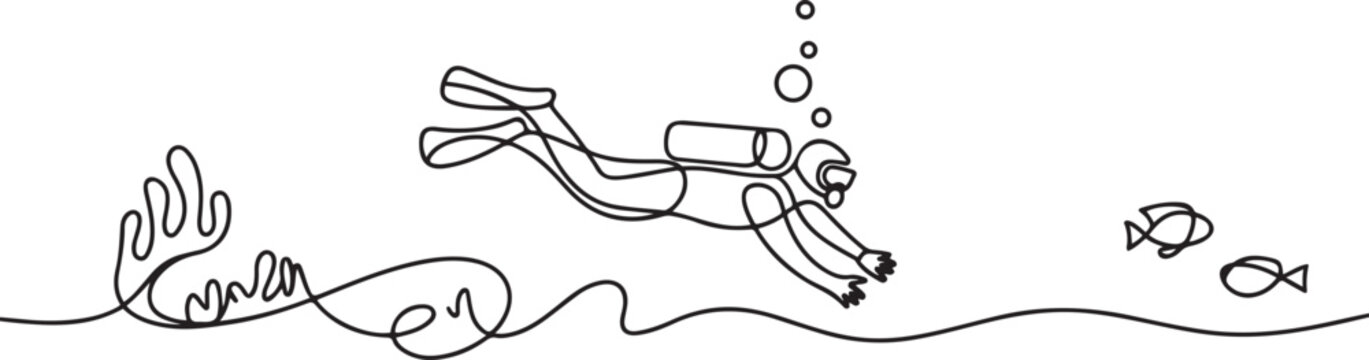 scuba diver exploring underwater world in minimalist one line ocean diving. one line Art icon drawing vector