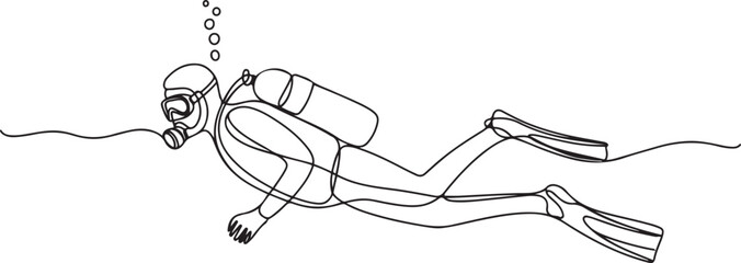 Single continuous line drawing of scuba diver. The concept of sport is a journey of scuba diving. Single line art. Editable stroke © Hasho 