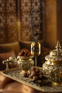 Ramadan holiday. An incense burner. Festive greeting card, invitation to Muslim holy month of Ramadan Kareem. Dark background