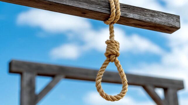 Close-up view of a noose hanging from a wooden gallows against a blue sky with clouds, emphasizing the rope's texture and the structure's rustic appearance