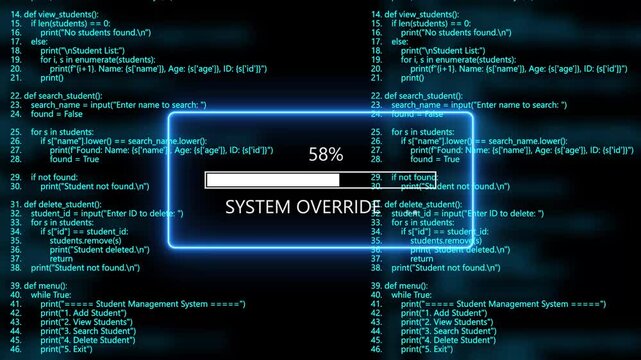 cyan glowing system override loading bar animation with digital binary code and cyber programming background. Programming code hacking concept.4k animation
