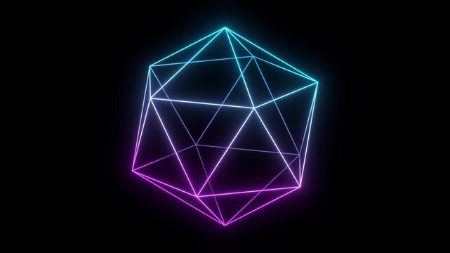 Neon Wireframe Icosahedron Rotating Seamless 3D Animation