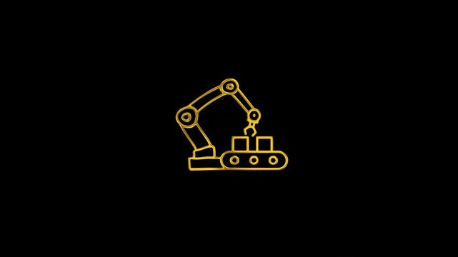 An animated golden line icon depicting a robotic arm working on a conveyor belt, symbolizing industrial automation, smart factory production, and modern manufacturing technology.