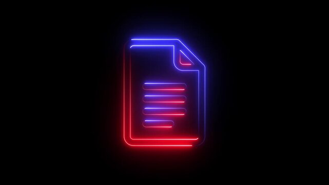 Neon document icon with glowing blue and red light lines on a black background