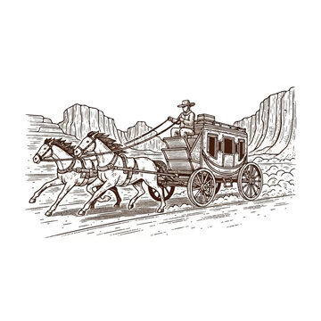 Stagecoach pulled by two horses.