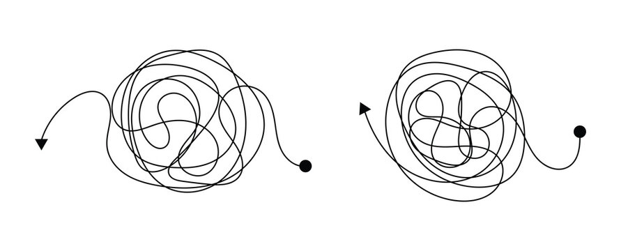 Messy tangle continuous one line drawing of chaos and confusion turning into a clear path and target. Vector illustration.