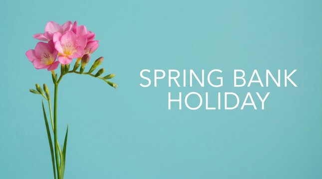 Spring Bank Holiday greeting card, pink freesia flower on turquoise background, seasonal floral celebration banner with elegant white typography