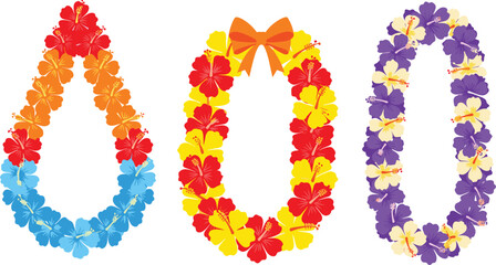 Illustration of Various Colorful Flower Leis with Hibiscus Flowers in Bright Colors on a Solid White Background © Najir