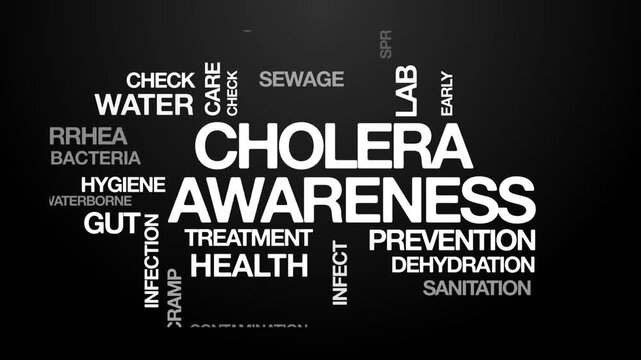 cholera awareness concept Animated Tag Word Cloud kinetic typography, Text Design Animation typography seamless loop video motion graphics Intro Wordart white type on black background bg backdrop