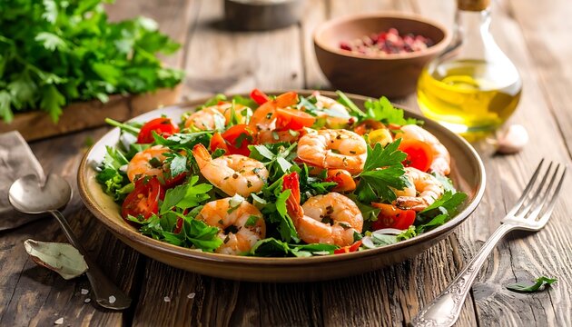 Fresh shrimp salad with parsley and cherry tomatoes in a rustic bowl on a wooden table, next to oil