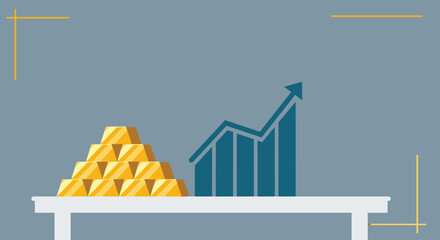 Flat minimalist gold investment illustration of gold bars stacked neatly on simple desk b © Artbibun