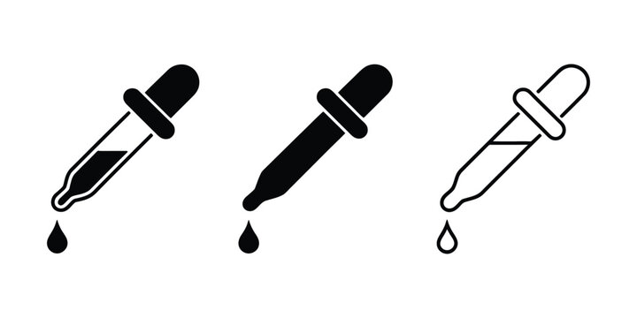 Vector dropper silhouette showing liquid and droplets isolated on white background laboratory tool icon for science and medical use