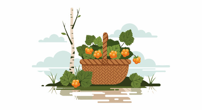 A woven basket overflows with golden berries and green leaves beside a birch tree