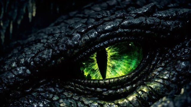 Extreme close up of a mythical creature's eye, possibly a dragon or a snake, with a glowing green iris and a vertical pupil blinking slowly in the dark, surrounded by black scaly skin