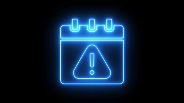 Neon blue calendar icon with warning sign on black background,date alert video concept on black background