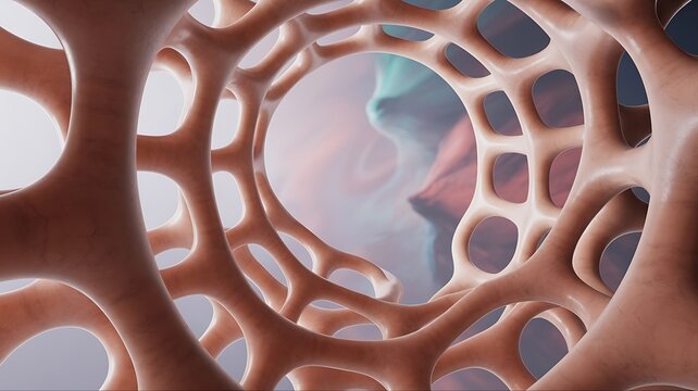 Abstract 3D Organic Bone Lattice Tunnel Structure, Futuristic Cellular Background with Soft Lighting