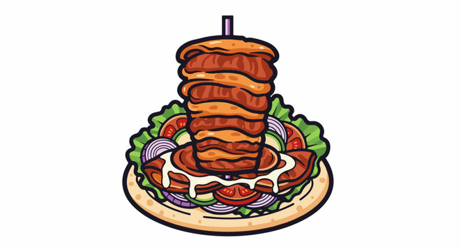 A stylized, colorful illustration of a meat gyro piled high with vegetables on flatbread