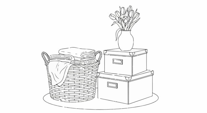 A woven basket overflowing with folded textiles sits beside stacked boxes