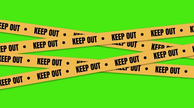 Keep out text with yellow caution tape intertwined animation isolated on green background