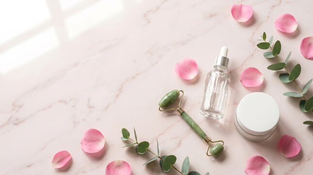 A green jade roller and various skincare products on a marble surface surrounded by pink rose petals and eucalyptus leaves