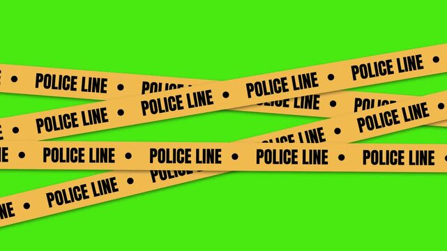 Police line text with yellow caution tape interlacing animation isolated on green background