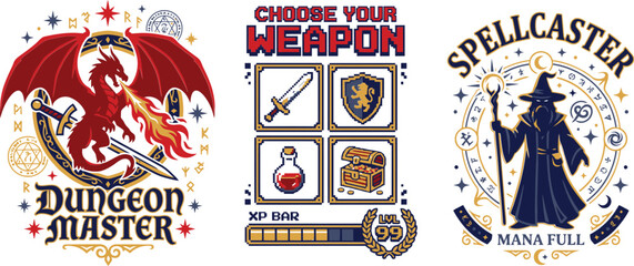 Obraz premium Fantasy illustrations of a red dragon and a blue wizard with magical symbols and weapons on a decorative background. | Collection of 3 set T-shirt design