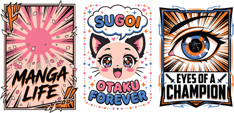 Vibrant comic book covers display various cartoon faces and phrases in a colorful showcase of illustrations. | Collection of 3 set T-shirt design