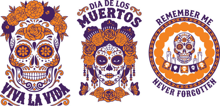 The Day of the Dead celebration features vibrant illustrations of skulls and flowers.| Collection of 3 set T-shirt design