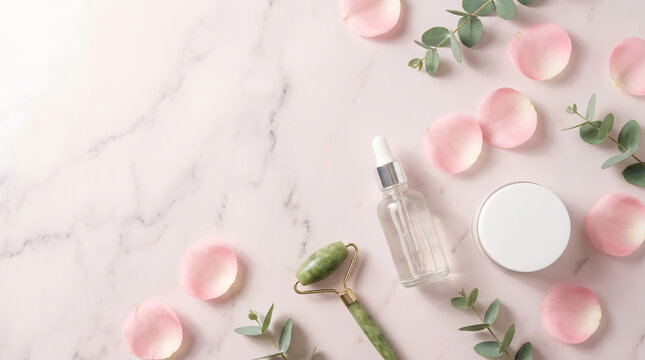 A jade roller and natural skincare products arranged on a marble surface with rose petals and eucalyptus leaves