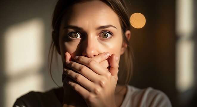 Shocked Woman Covering Mouth, Fear Emotion, Surprise Expression, Horror Face, Astonished Reaction