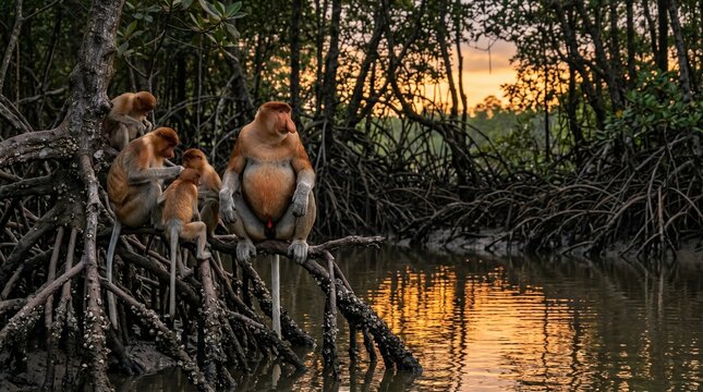 Family of Proboscis Monkeys Mangrove Forest