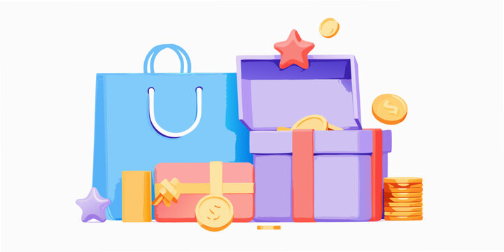 Colorful gifts coins and shopping bags illustrate a reward or prize concept