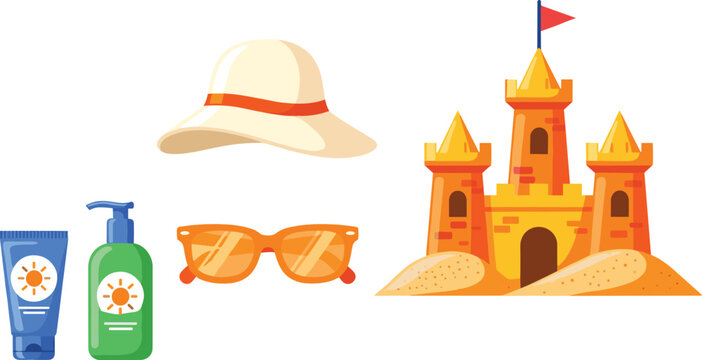 Summer beach vacation elements with sunscreen hat sunglasses and sandcastle vector illustration set