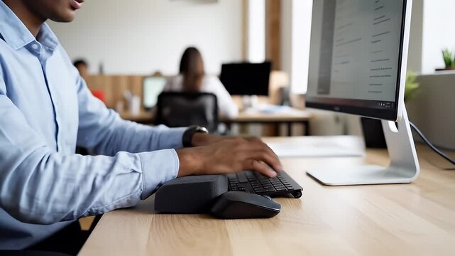 Close-up on hands using a black computer mouse and keyboard on a wooden desk in an office