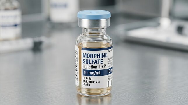Medical injection of morphine sulfate in clinical setting close-up view pharmaceutical environment detailed focus