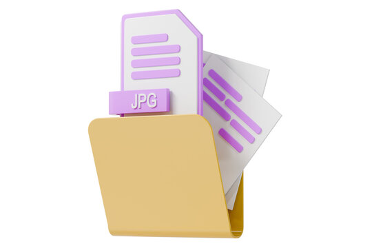 3d JPG file folder icon. image file management concept. minimal cartoon folder papers label for design assets and cloud storage. isolated on white transparent background. 3d render.