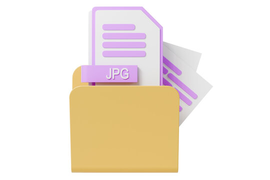 3d JPG file folder icon. image file management concept. minimal cartoon folder papers label for design assets and cloud storage. isolated on white transparent background. 3d render.